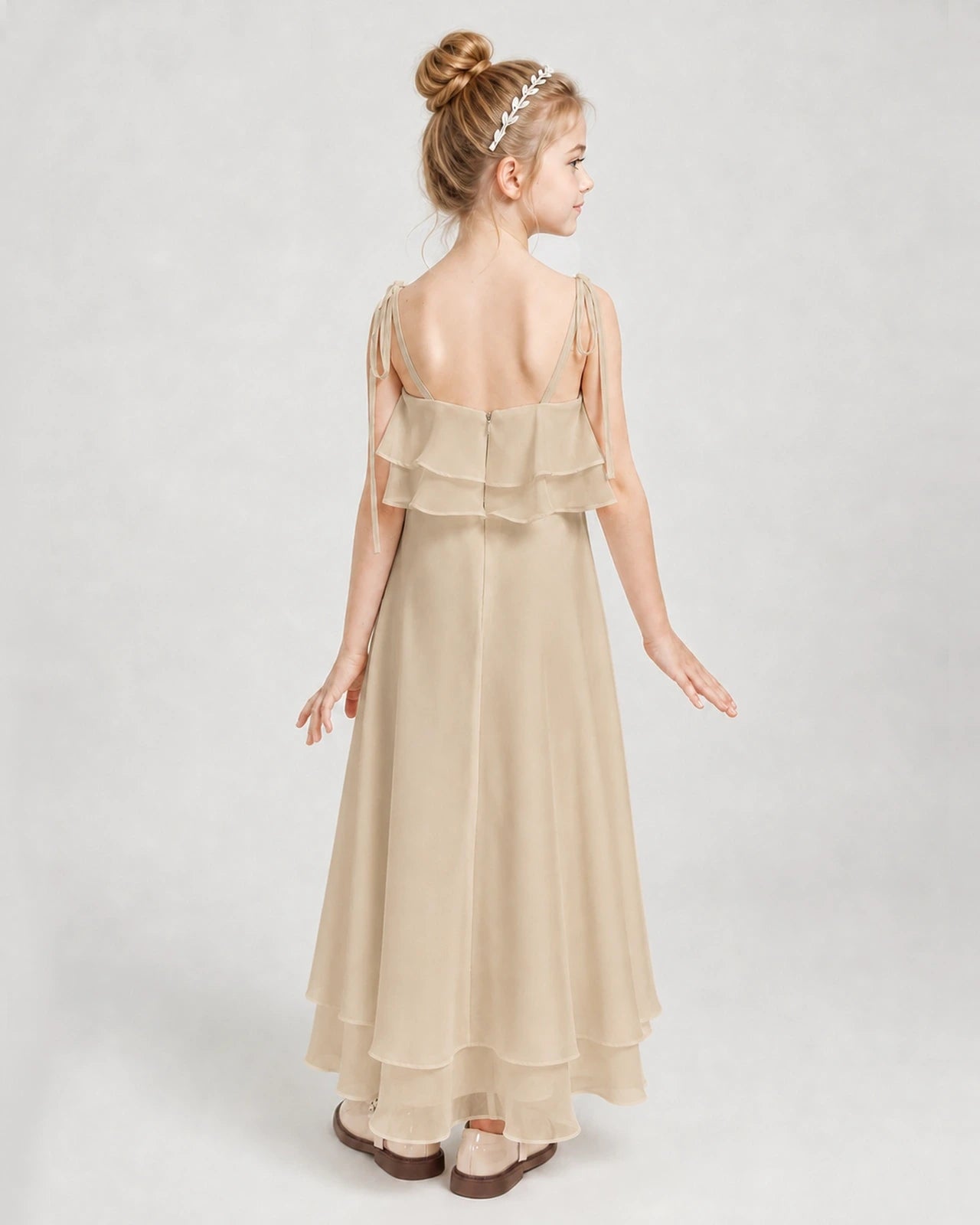 Champagne Chiffon A-line Junior Bridesmaid Dress Back View