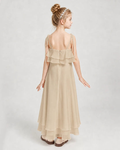 Champagne Chiffon A-line Junior Bridesmaid Dress Back View