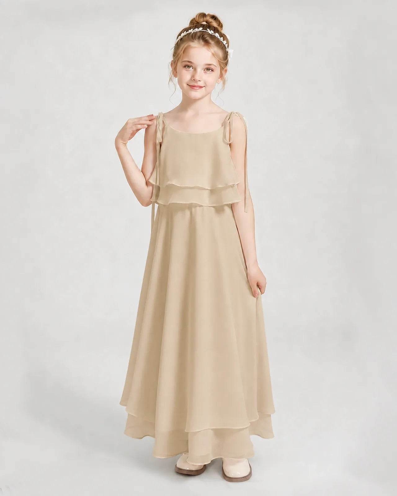 Champagne Chiffon A-line Junior Bridesmaid Dress Front View