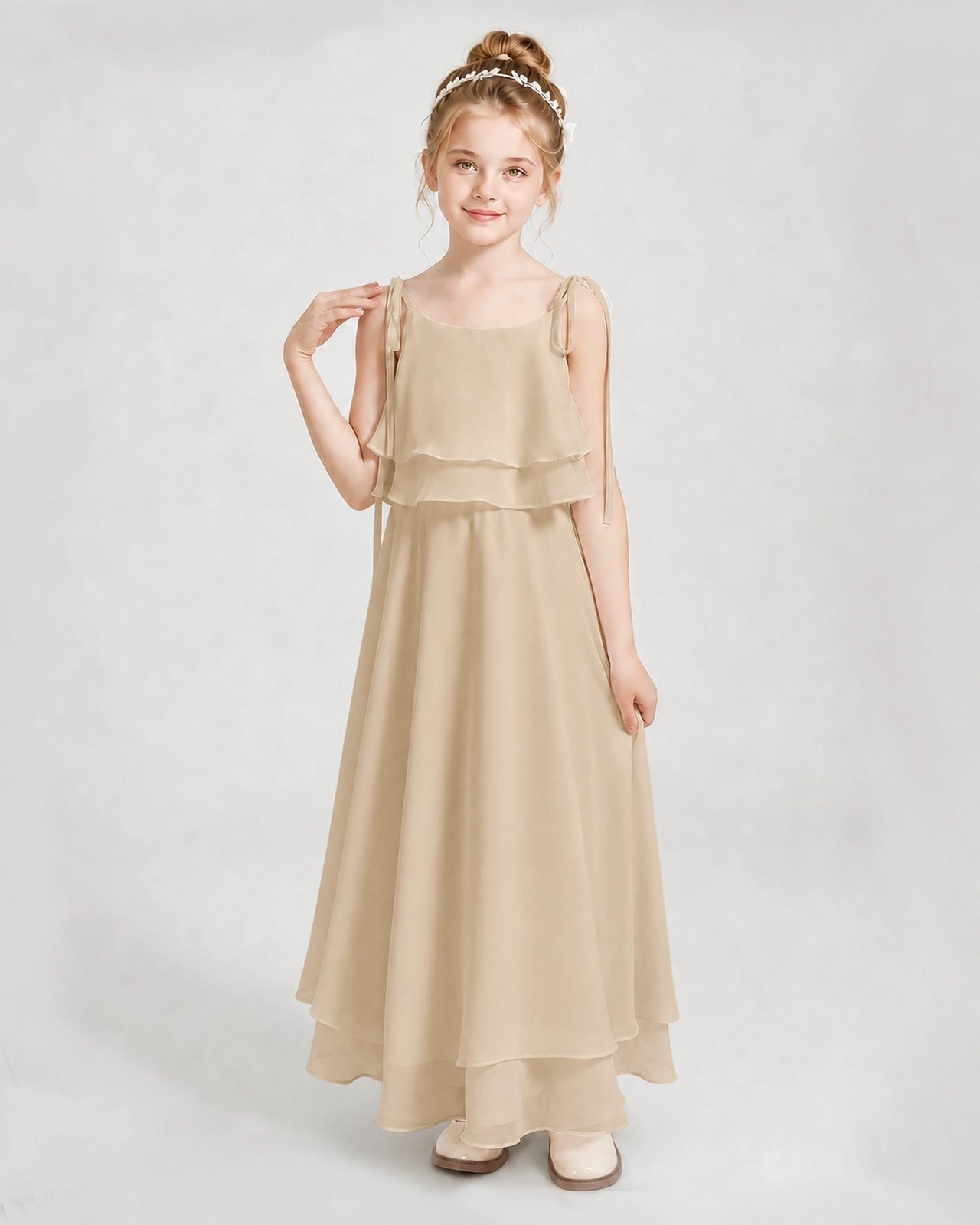 Champagne Chiffon A-line Junior Bridesmaid Dress Front View