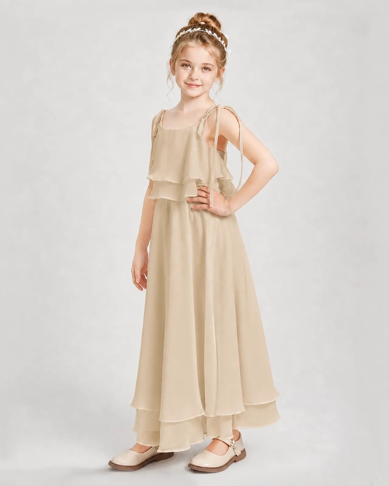 Champagne Chiffon A-line Junior Bridesmaid Dress Side View