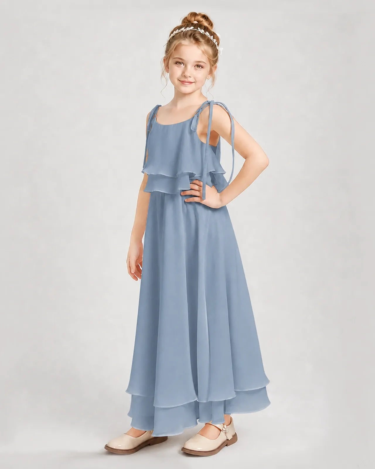 Dusty Blue Chiffon A-line Junior Bridesmaid Dress Side View