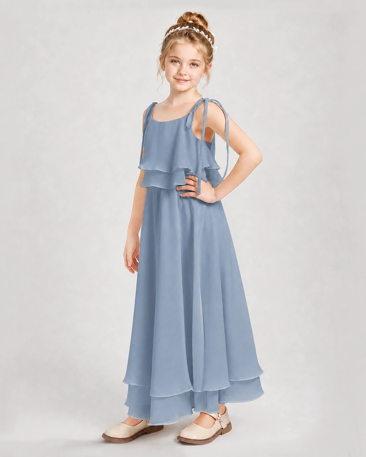 Dusty Blue Chiffon A-line Junior Bridesmaid Dress Side View