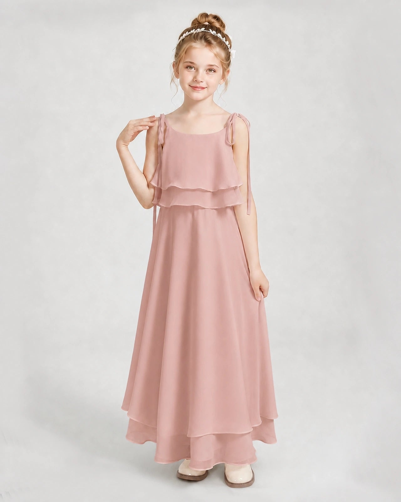 Dusty Rose Chiffon A-line Junior Bridesmaid Dress Front View