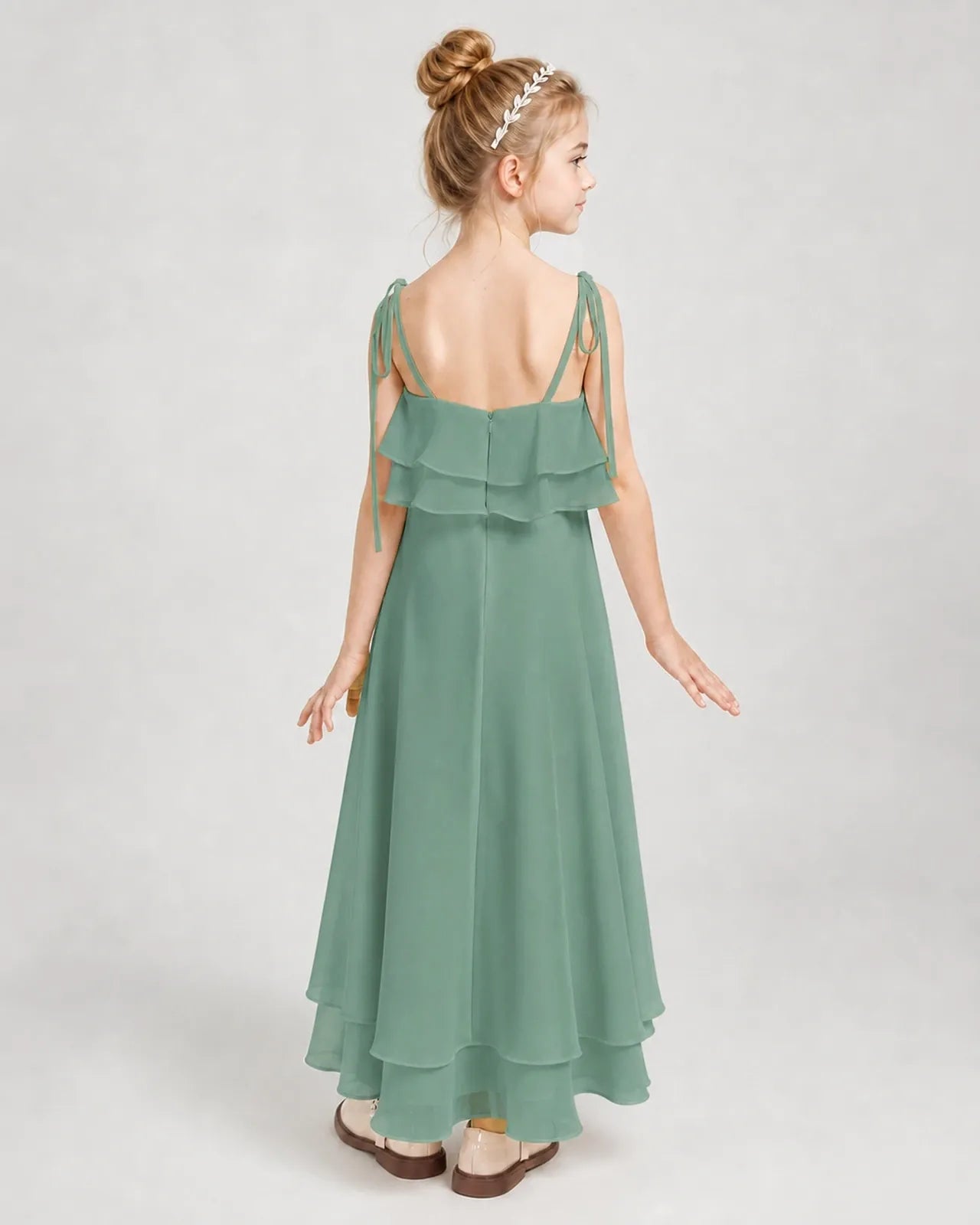 Eucalyptus Chiffon A-line Junior Bridesmaid Dress Back View