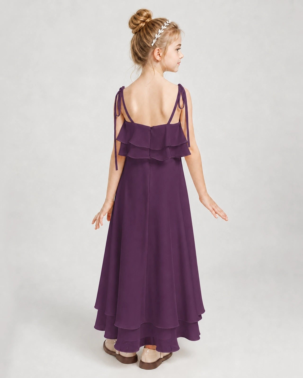 Grape Chiffon A-line Junior Bridesmaid Dress Back View