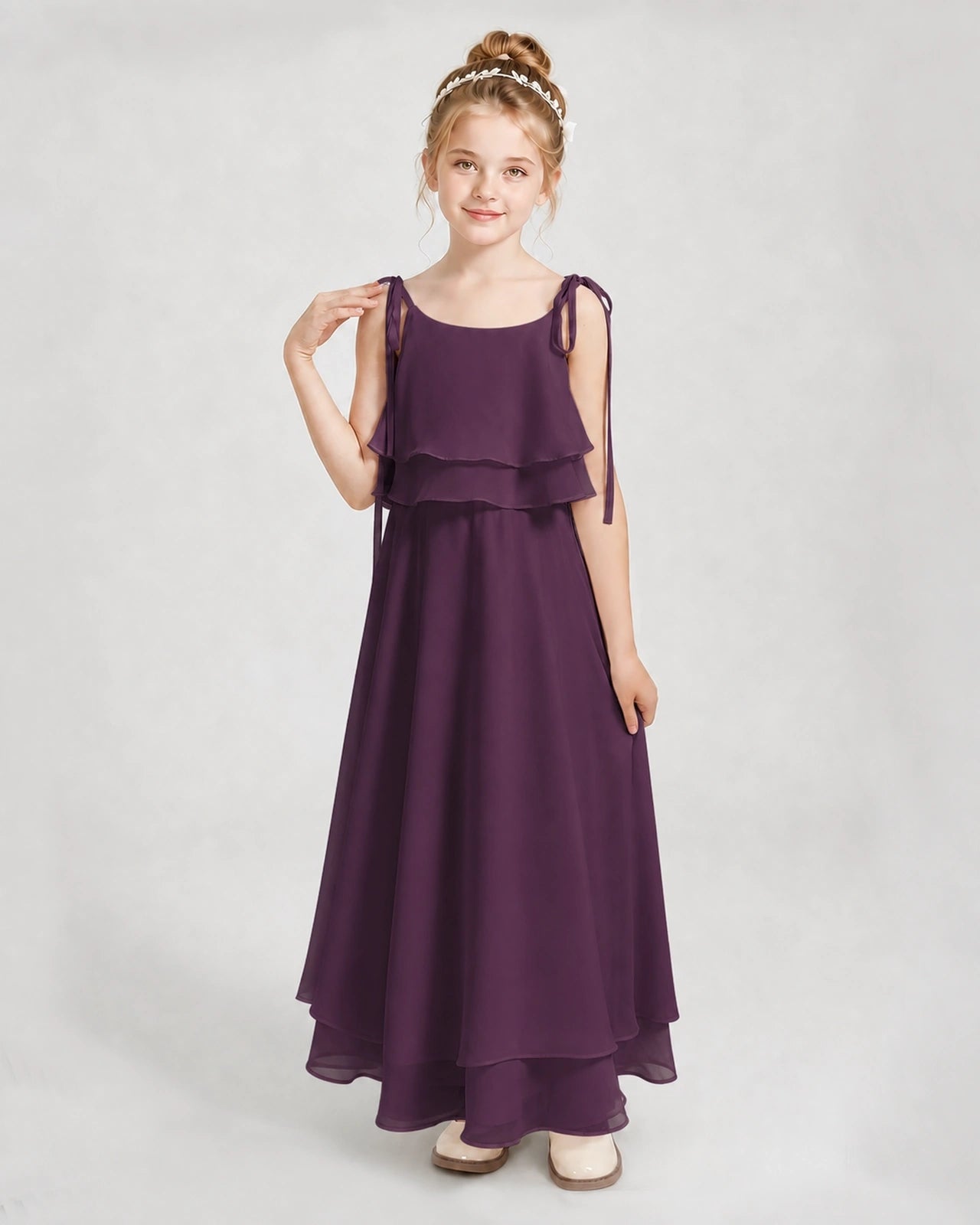 Grape Chiffon A-line Junior Bridesmaid Dress Front View