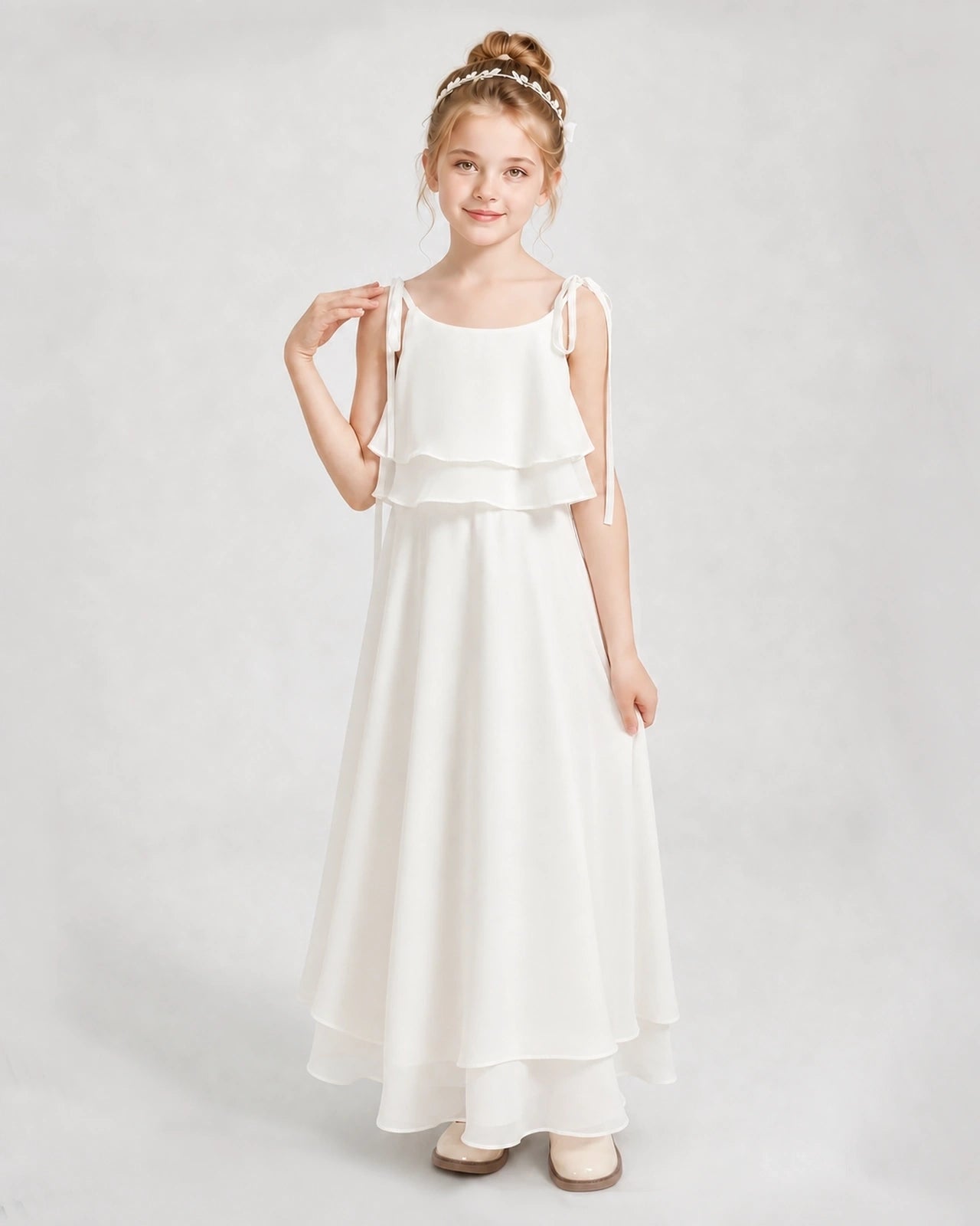 Ivory Chiffon A-line Junior Bridesmaid Dress Front View