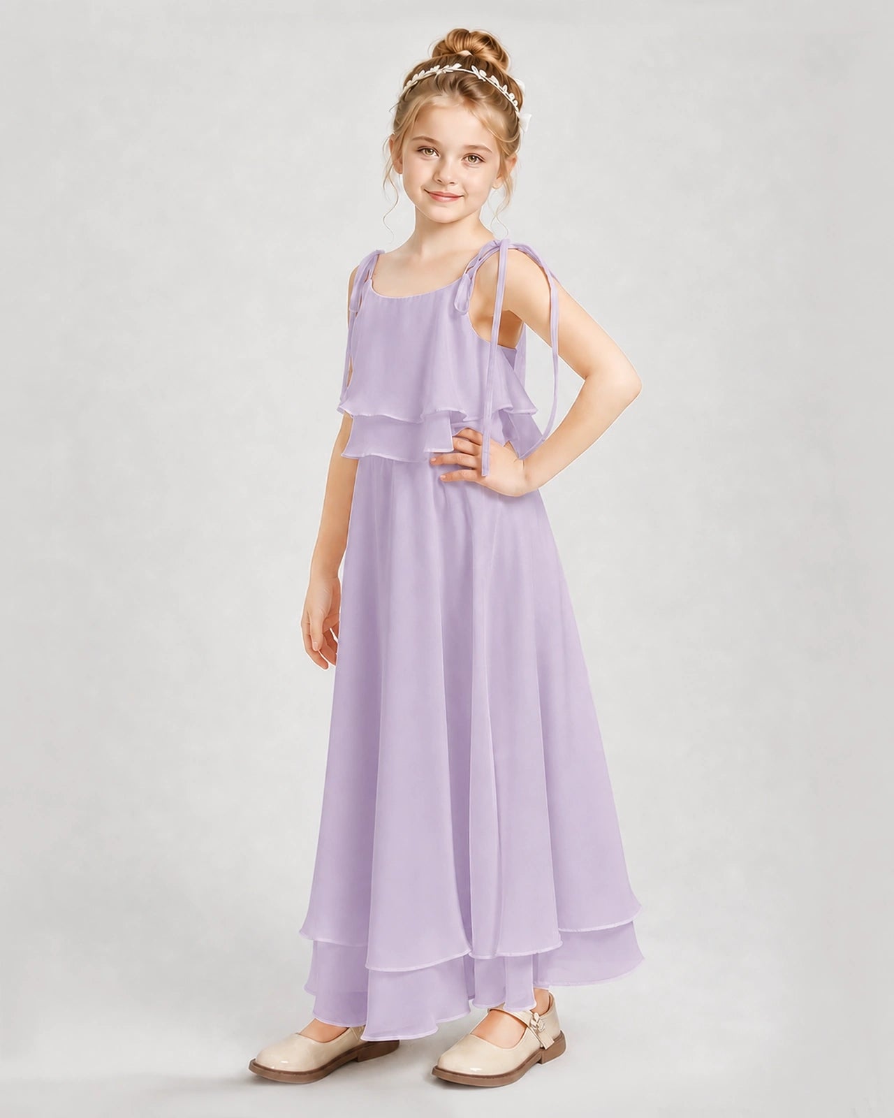 Dideyttawl Tie-Shoulder Layered Chiffon Junior Bridesmaid Dress