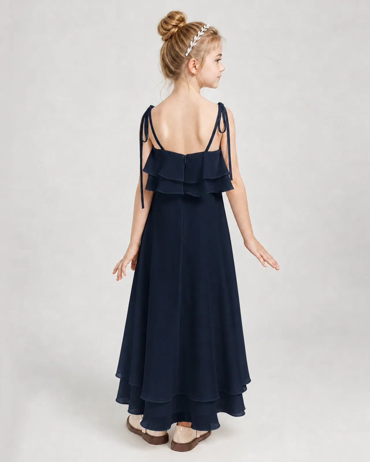 Navy Blue Chiffon A-line Junior Bridesmaid Dress Back View
