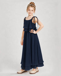 Navy Blue Chiffon A-line Junior Bridesmaid Dress Side View