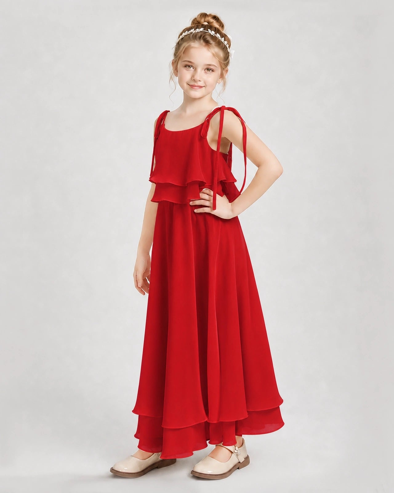 Dideyttawl Tie-Shoulder Layered Chiffon Junior Bridesmaid Dress