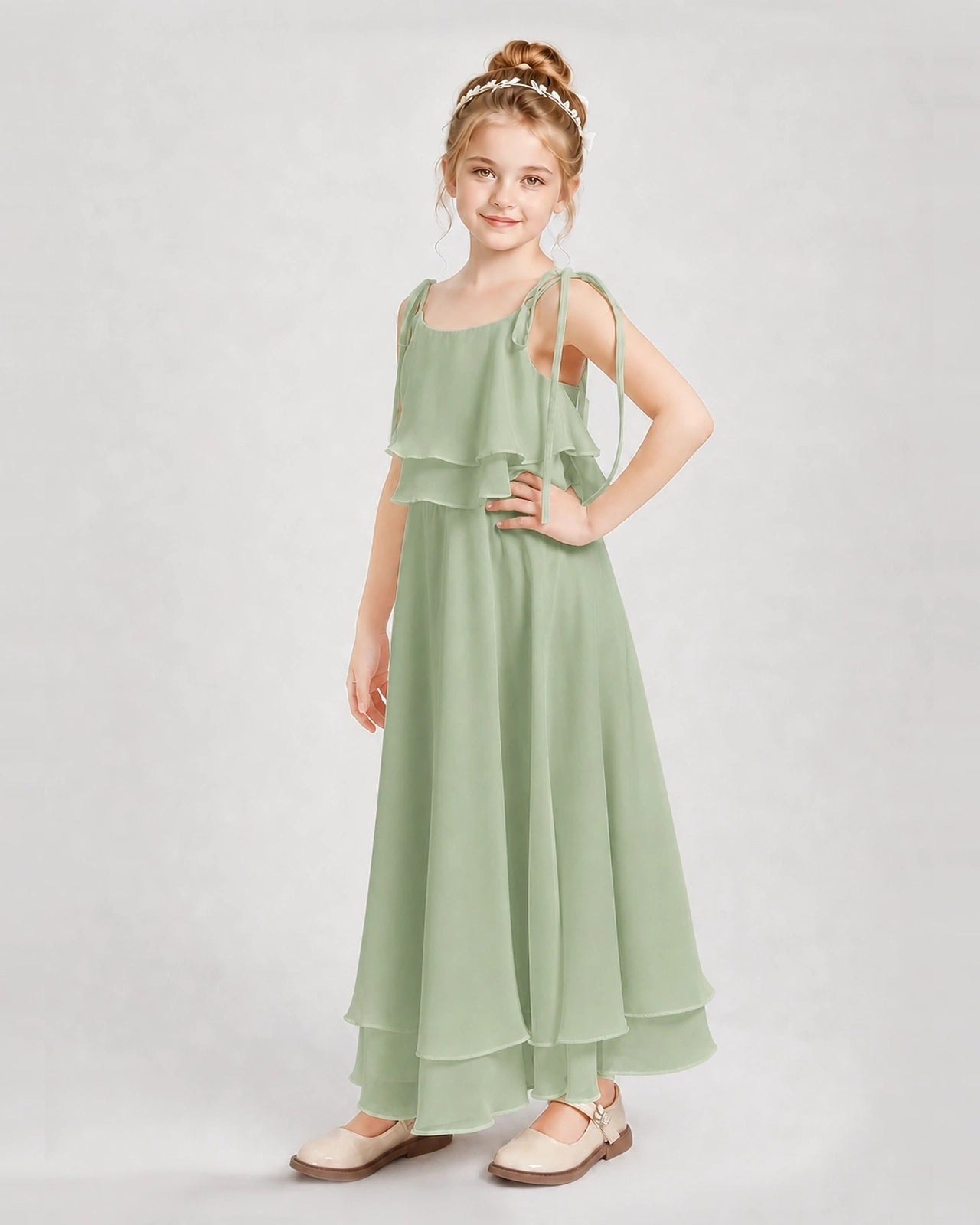 Dideyttawl Tie-Shoulder Layered Chiffon Junior Bridesmaid Dress
