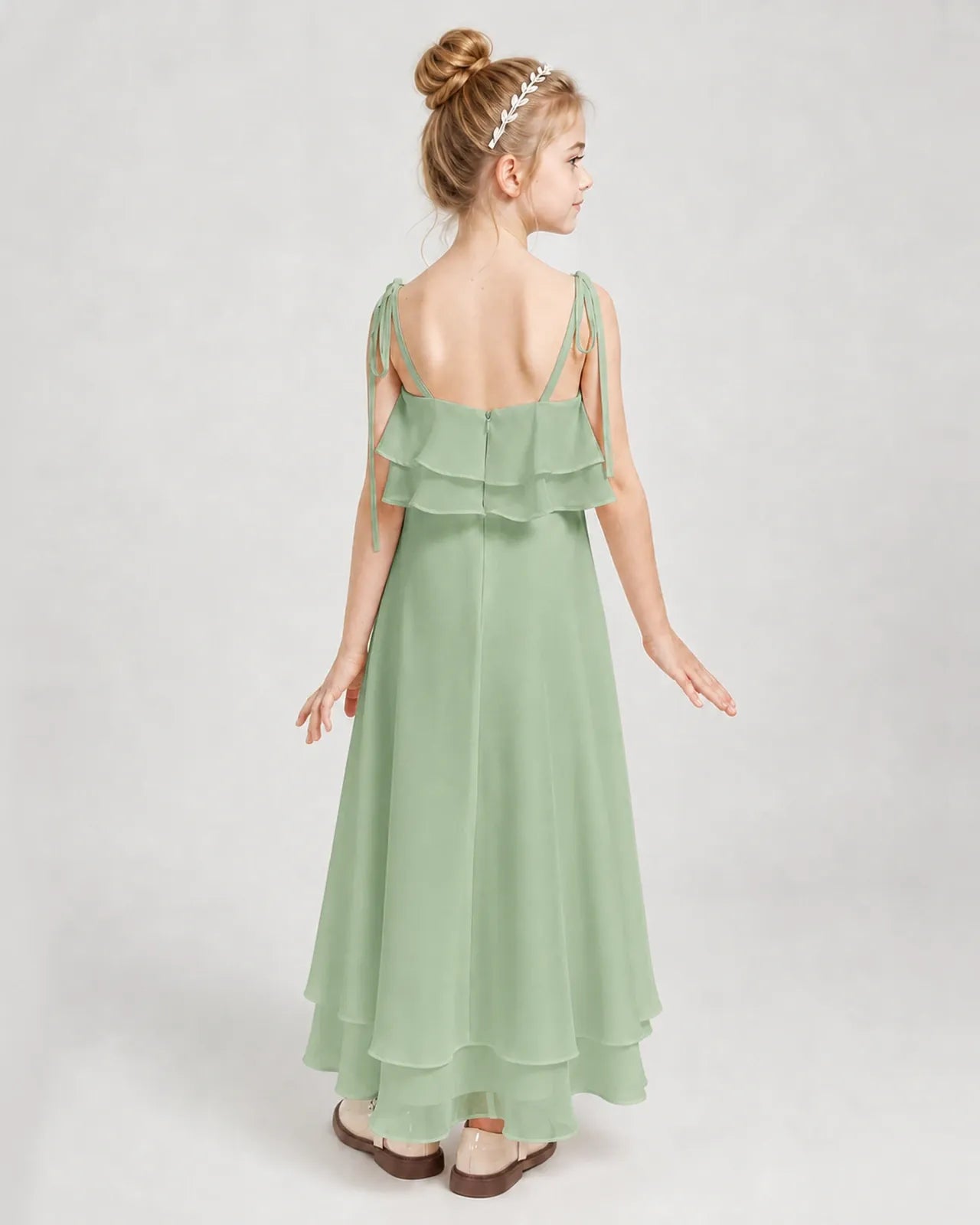 Sage Green Chiffon A-line Junior Bridesmaid Dress Back View