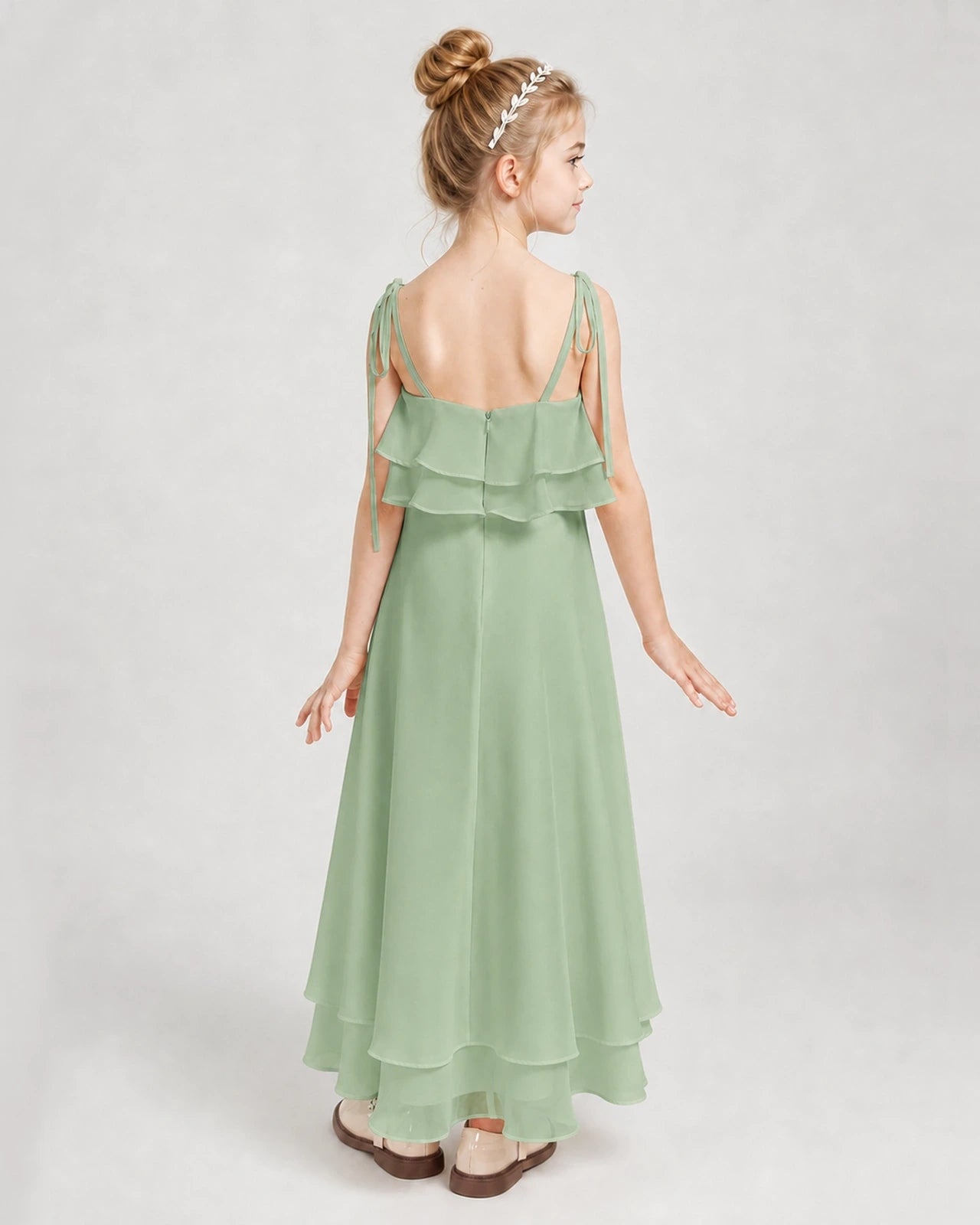 Sage Green Chiffon A-line Junior Bridesmaid Dress Back View