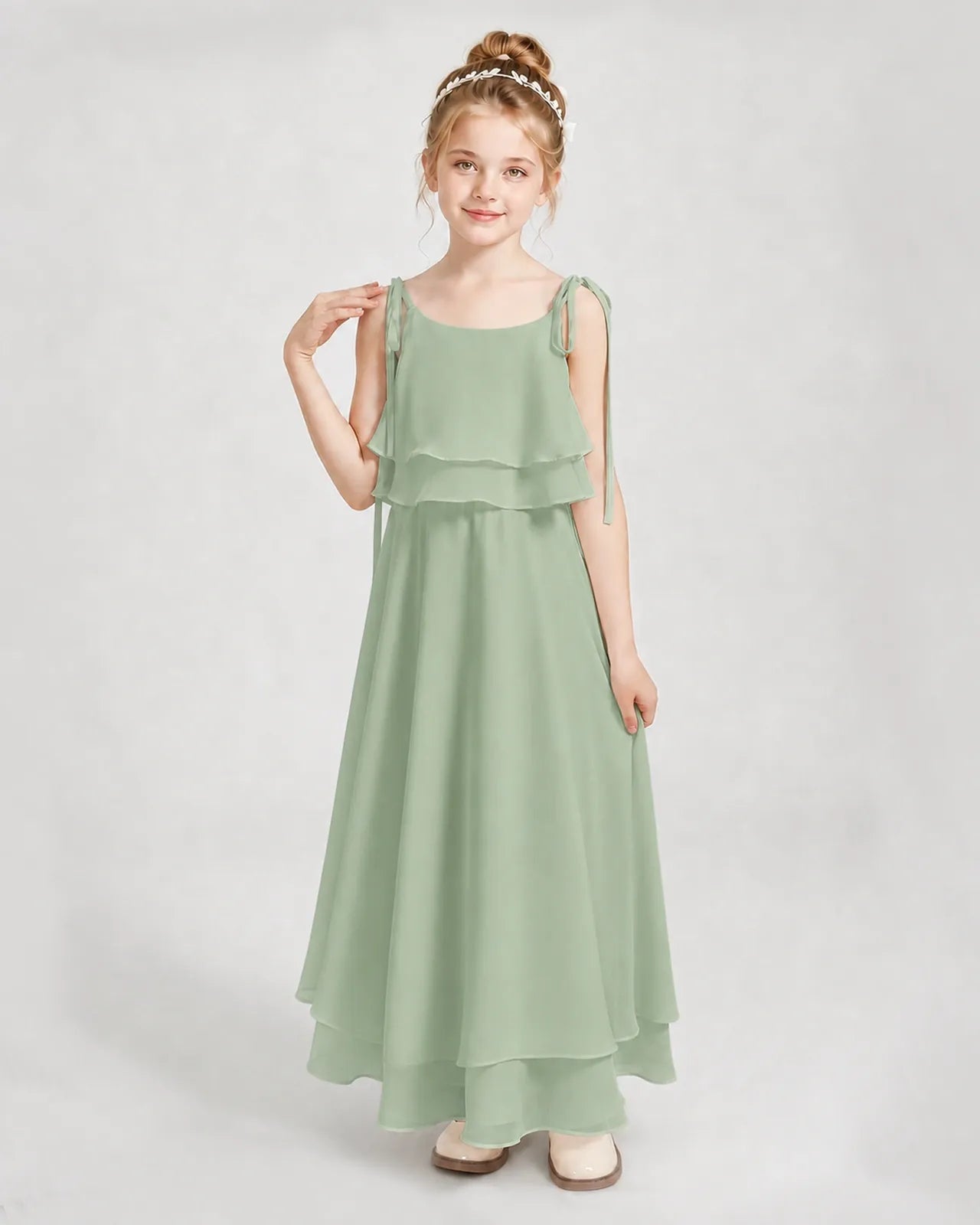 Sage Green Chiffon A-line Junior Bridesmaid Dress Front View