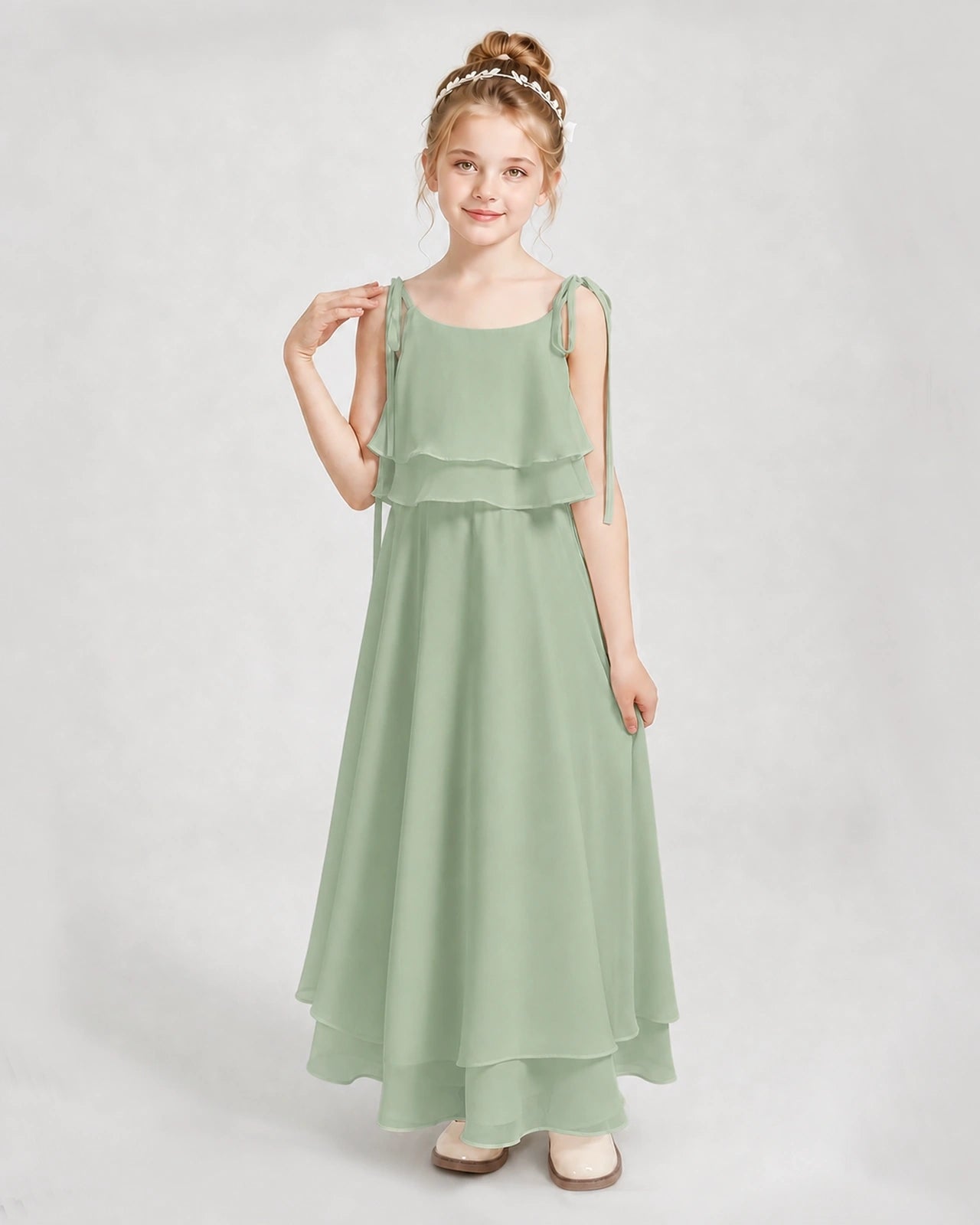 Sage Green Chiffon A-line Junior Bridesmaid Dress Front View