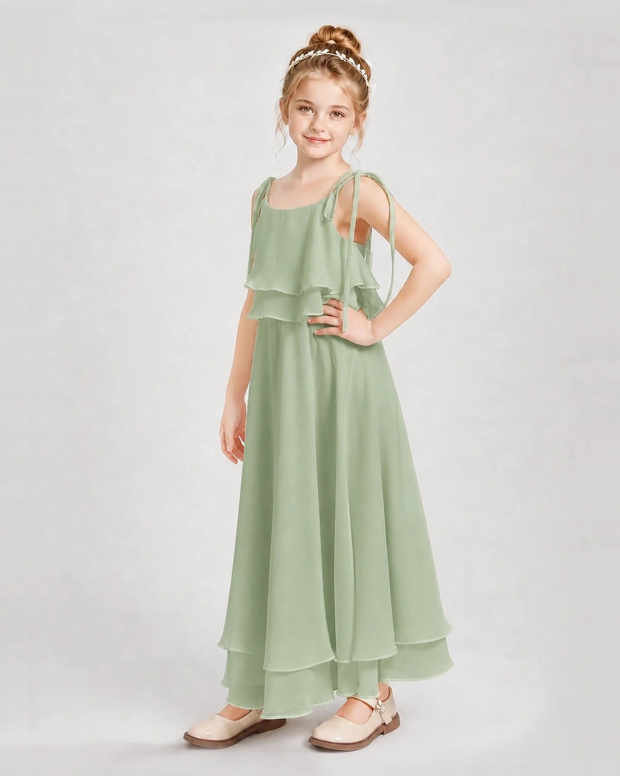 Sage Green Chiffon A-line Junior Bridesmaid Dress Side View