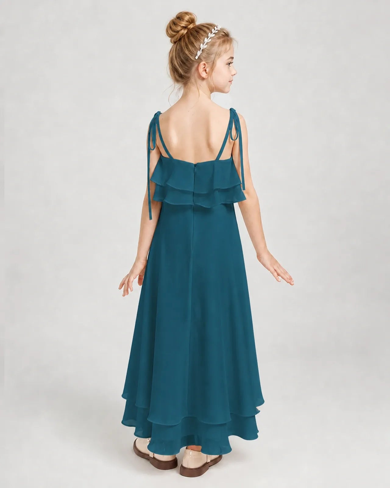 Teal Chiffon A-line Junior Bridesmaid Dress Back View