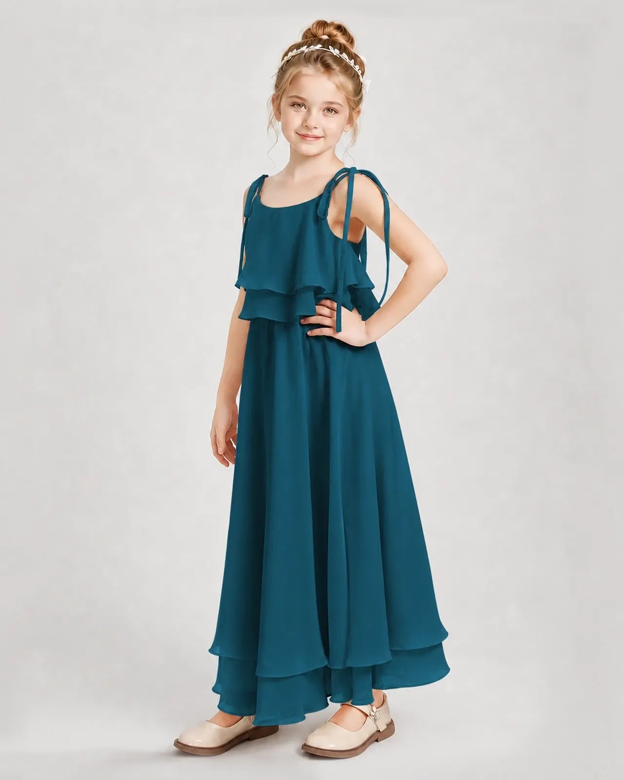 Teal Chiffon A-line Junior Bridesmaid Dress Side View