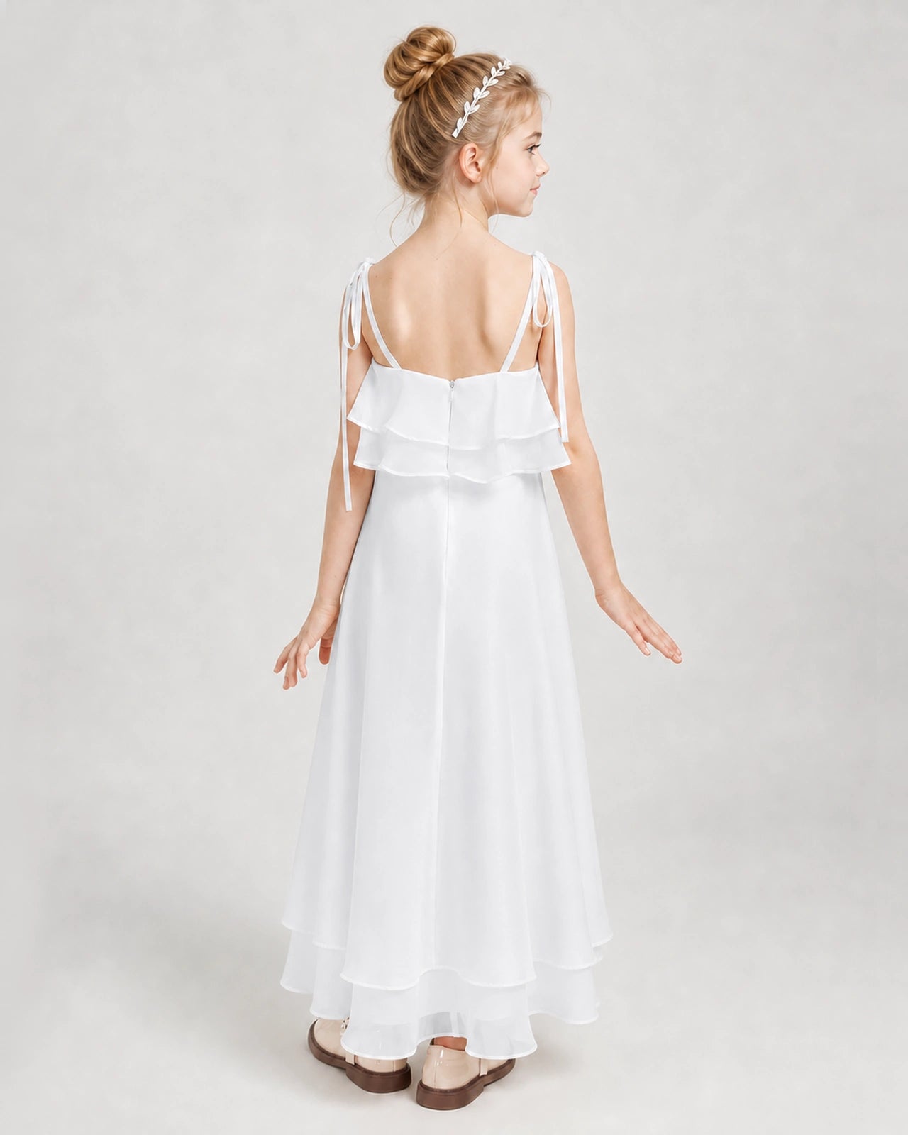 White Chiffon A-line Junior Bridesmaid Dress Back View