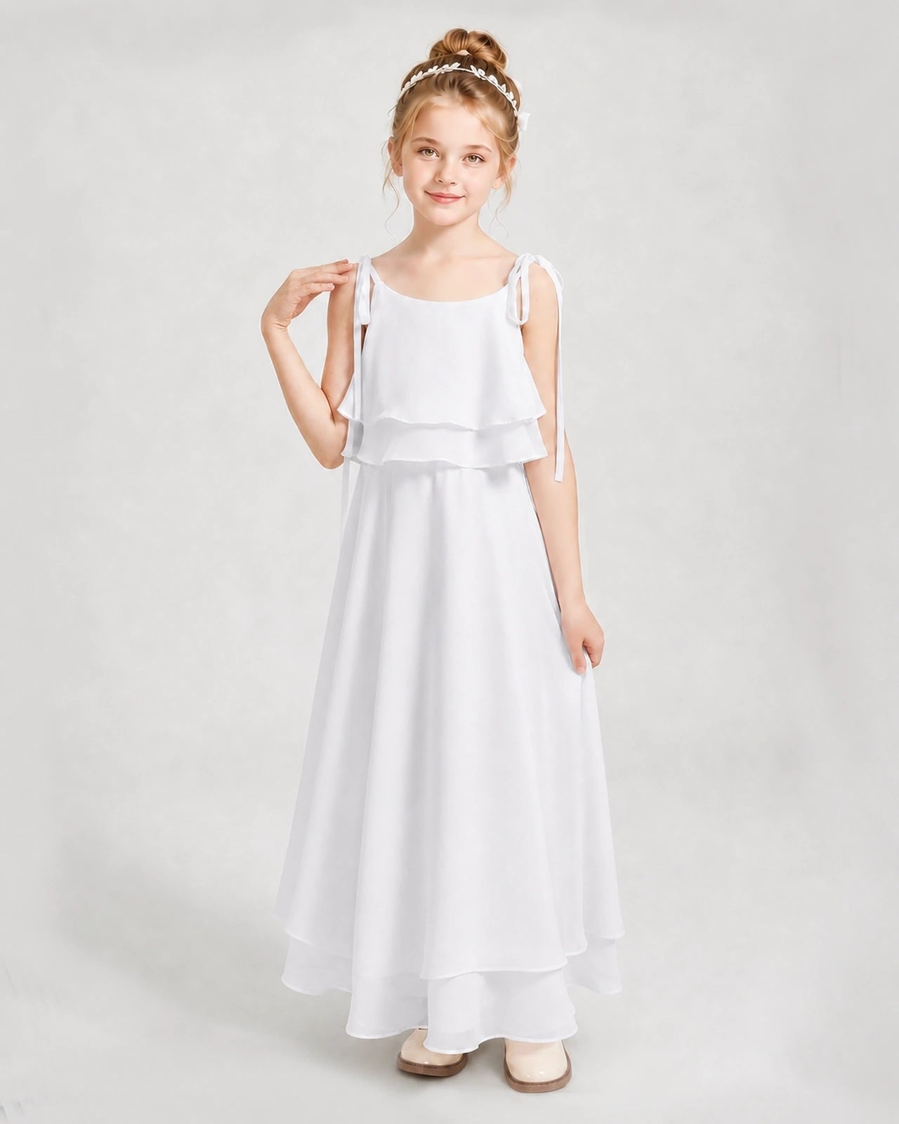 White Chiffon A-line Junior Bridesmaid Dress Front View