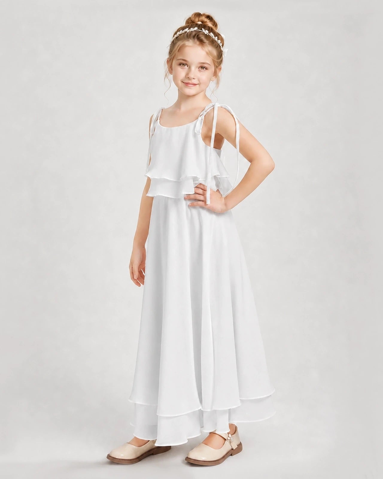 White Chiffon A-line Junior Bridesmaid Dress Side View