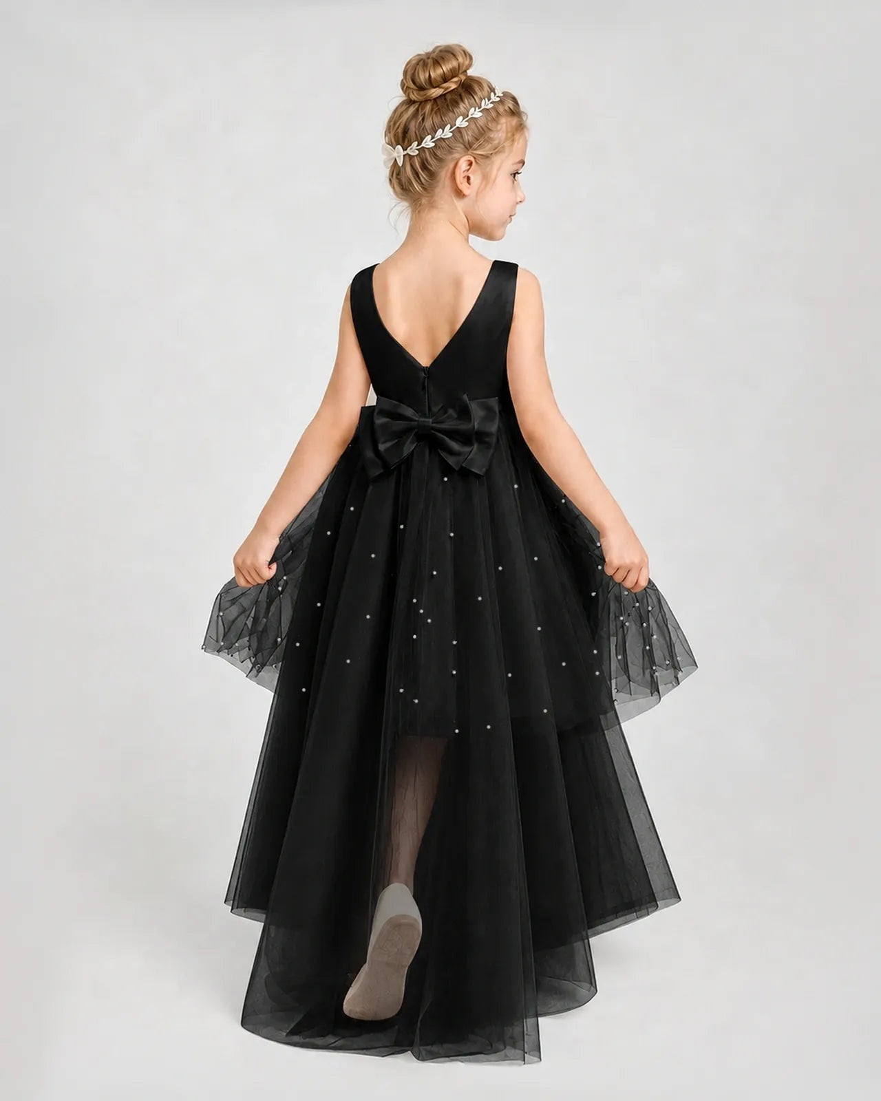 Black Satin Tulle A-line Pageant Dress Back View