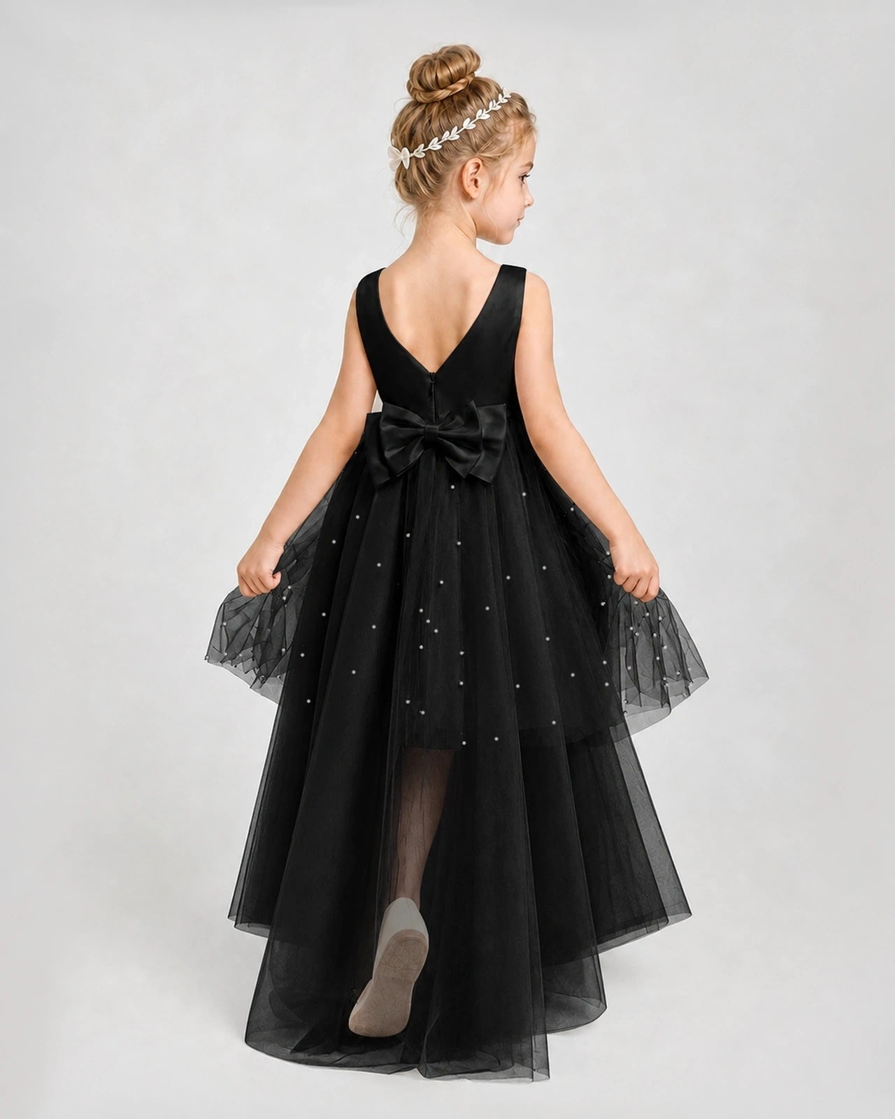 Black Satin Tulle A-line Pageant Dress Back View