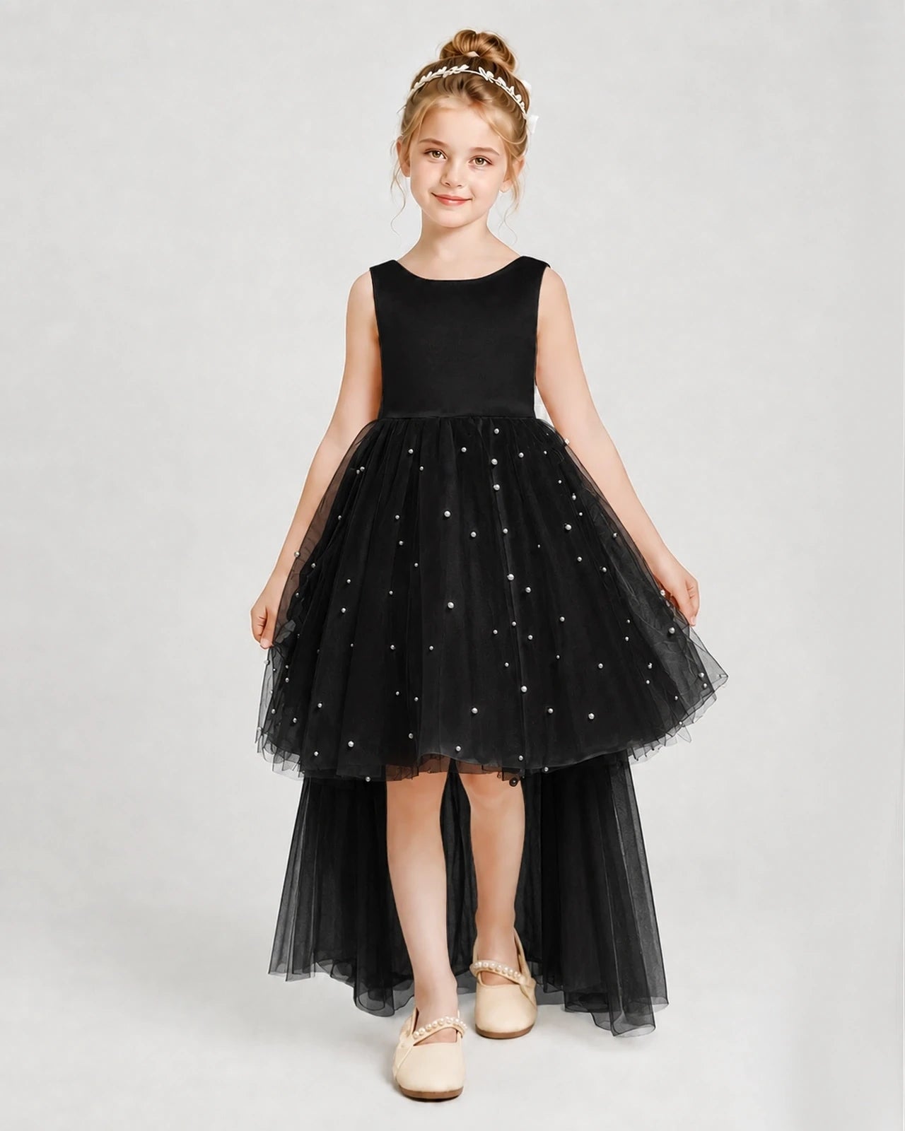 Black Satin Tulle A-line Pageant Dress Front View