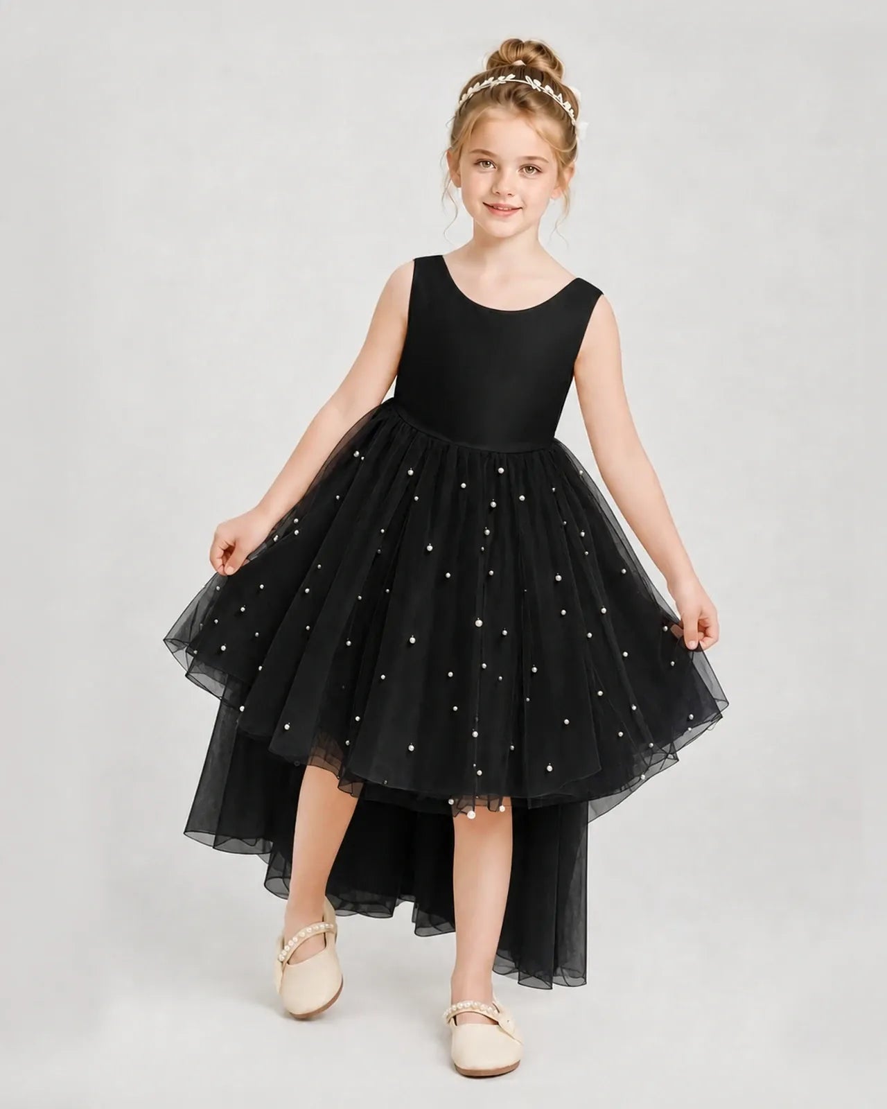 Black Satin Tulle A-line Pageant Dress Front View