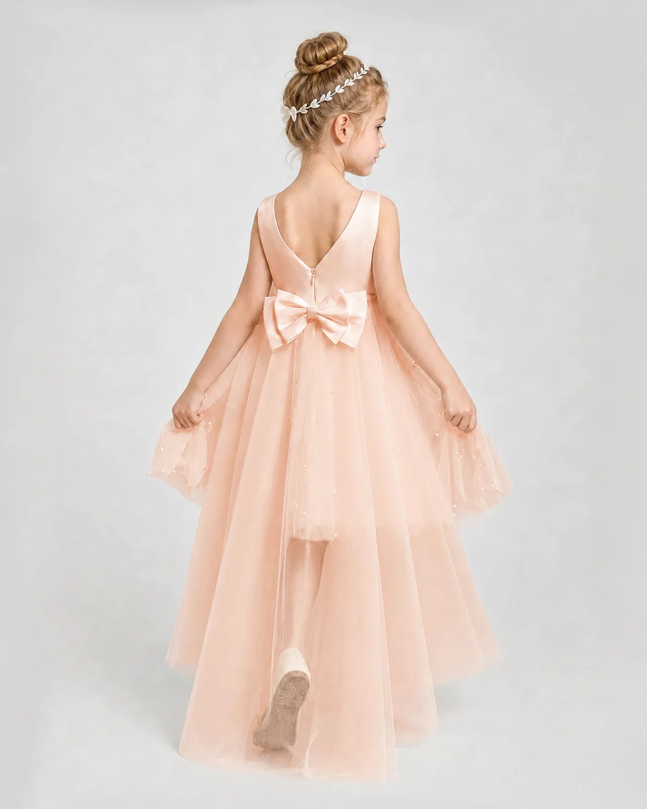 Blush Pink Satin Tulle A-line Pageant Dress Back View