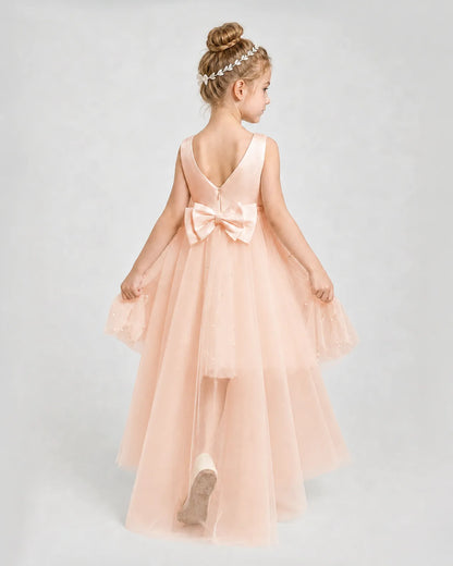 Blush Pink Satin Tulle A-line Pageant Dress Back View