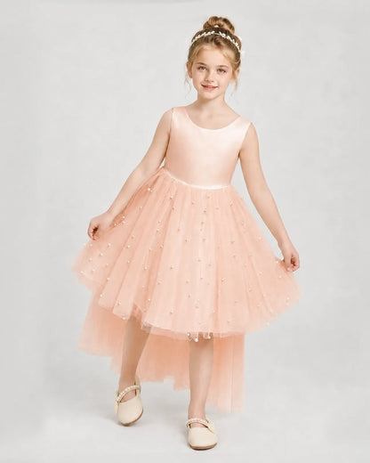 Blush Pink Satin Tulle A-line Pageant Dress Front View