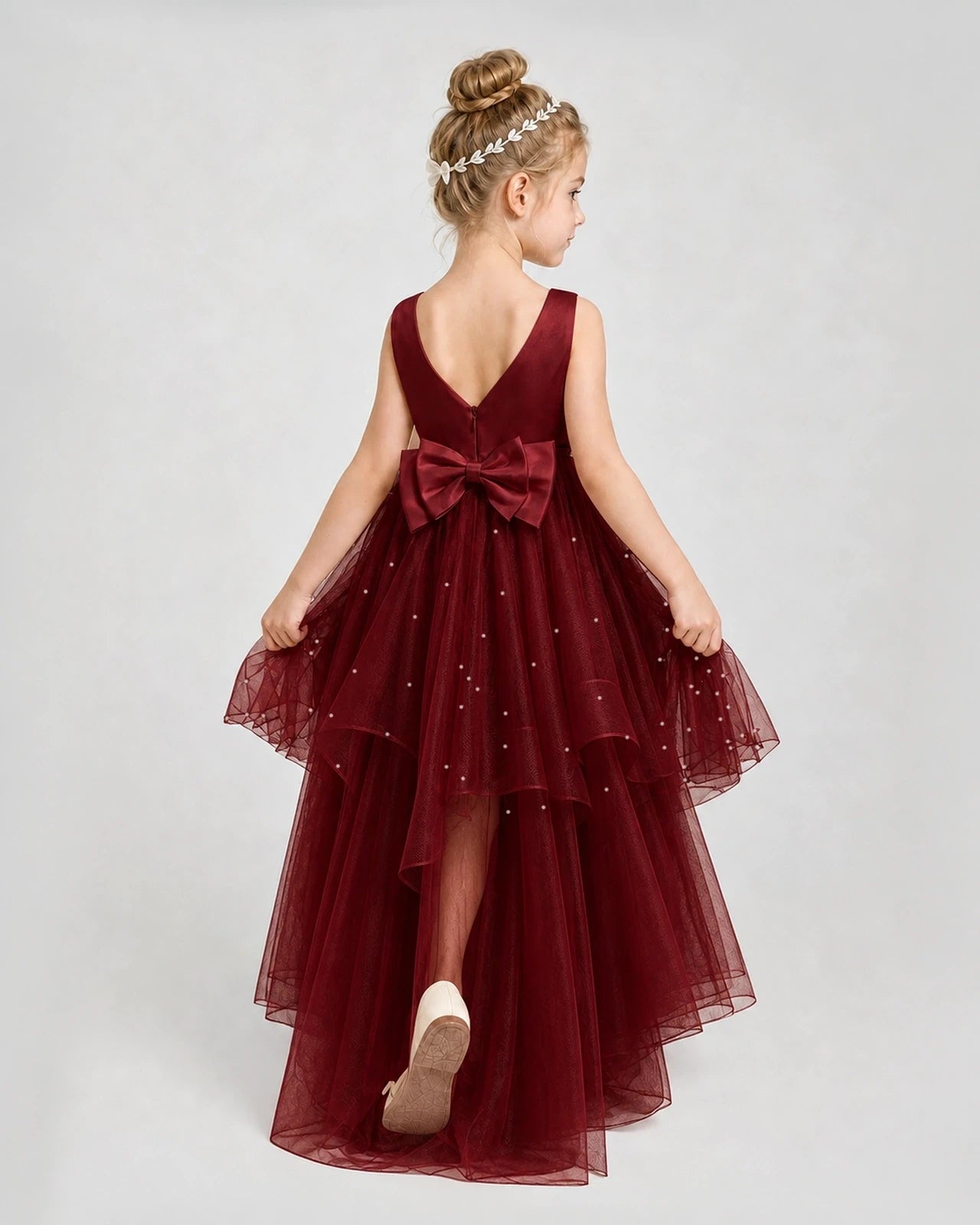 Burgundy Satin Tulle A-line Pageant Dress Back View