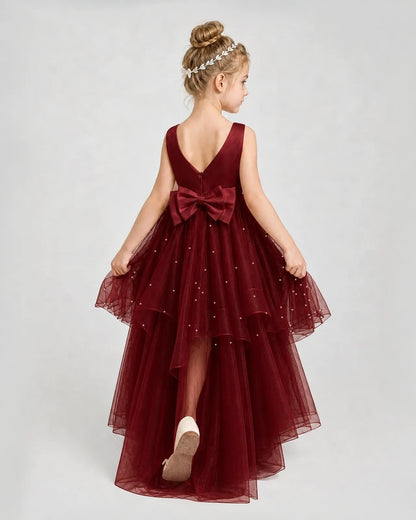 Burgundy Satin Tulle A-line Pageant Dress Back View