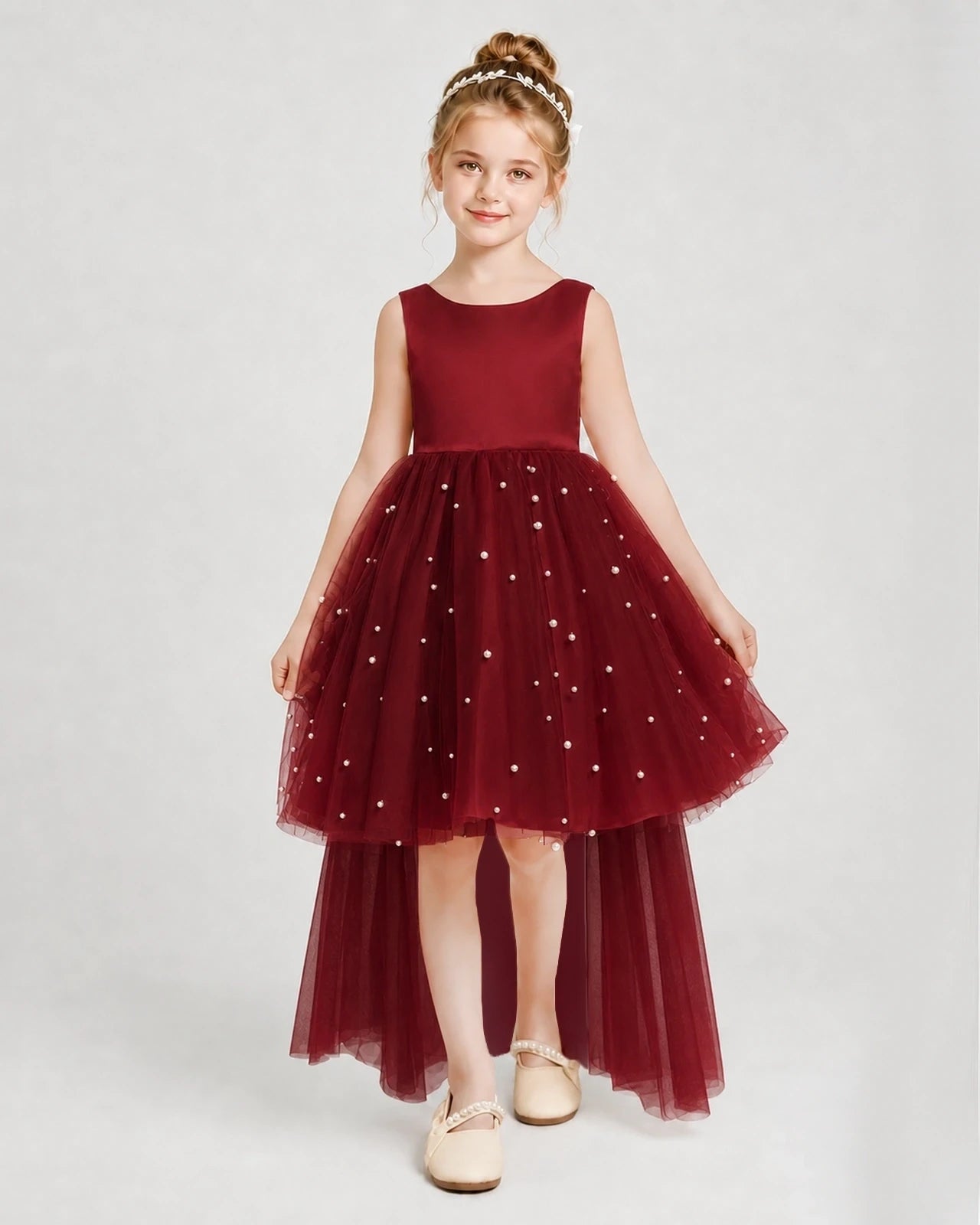 Burgundy Satin Tulle A-line Pageant Dress Front View