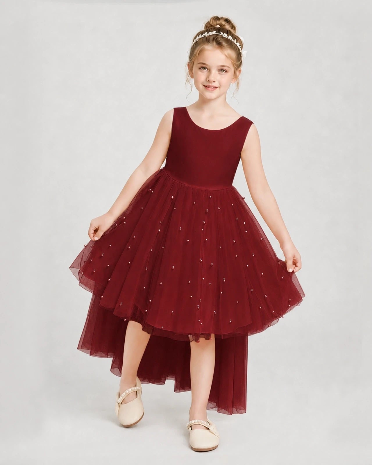Burgundy Satin Tulle A-line Pageant Dress Detail View
