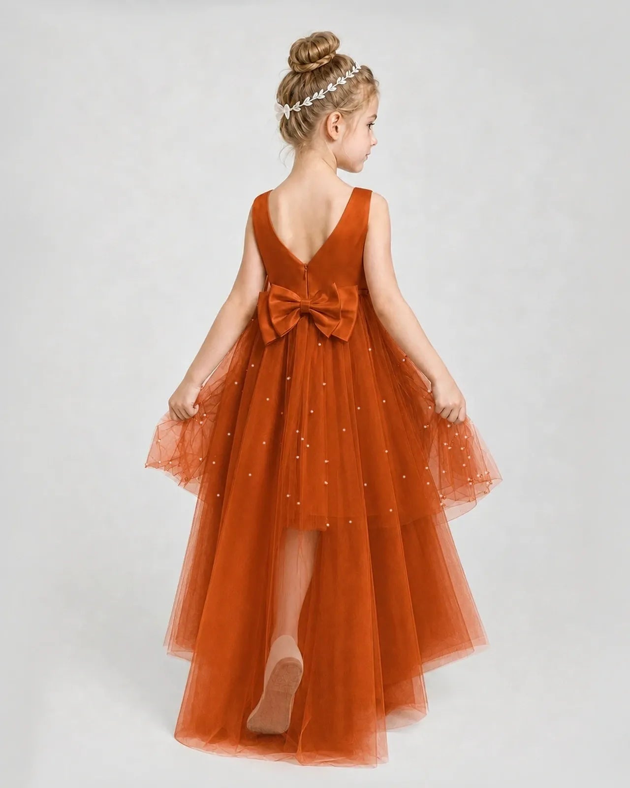 Burnt Orange Satin Tulle A-line Pageant Dress Back View
