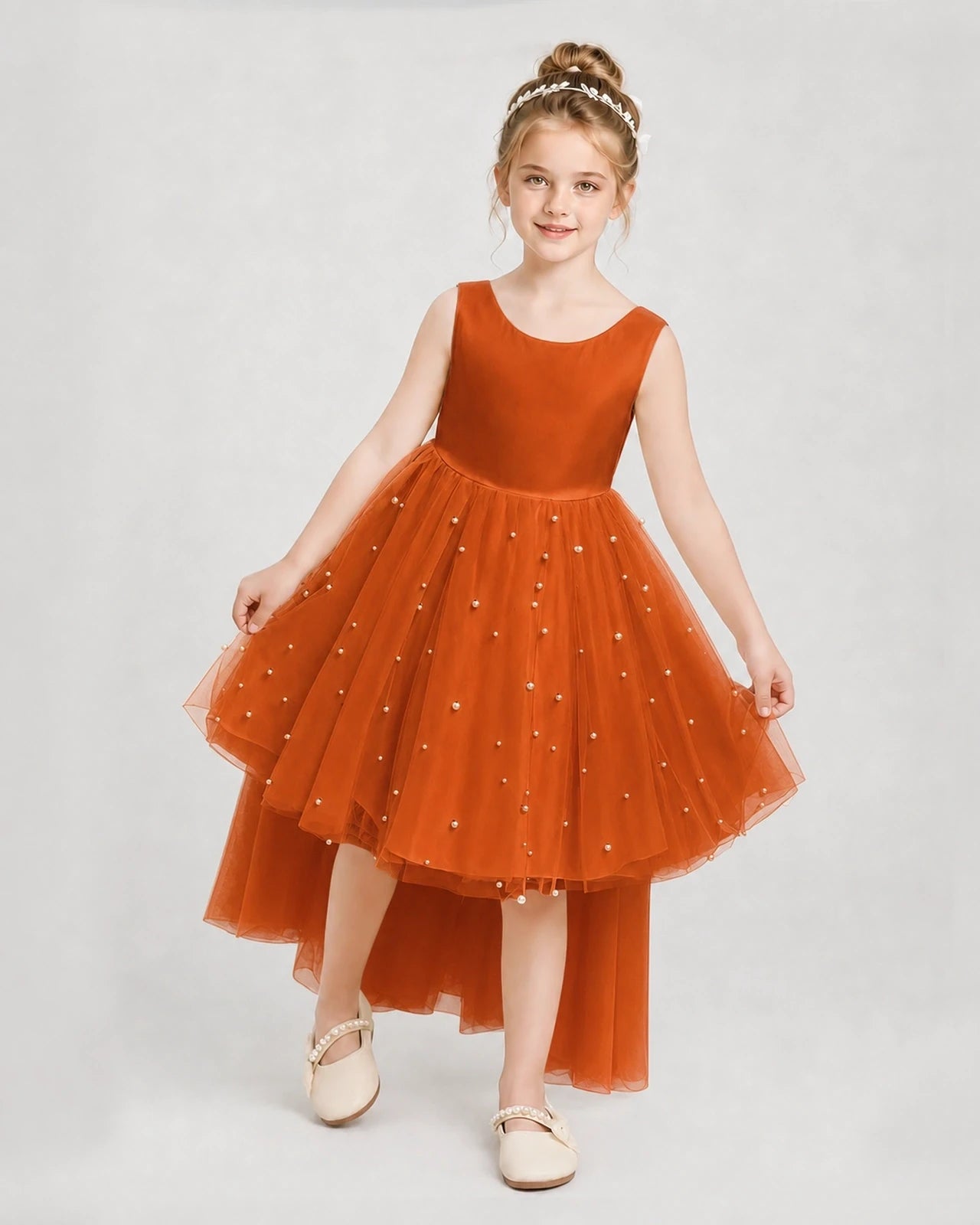 Burnt Orange Satin Tulle A-line Pageant Dress Detail View
