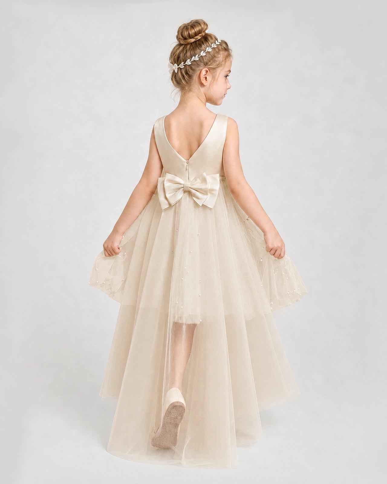Champagne Satin Tulle A-line Pageant Dress Back View