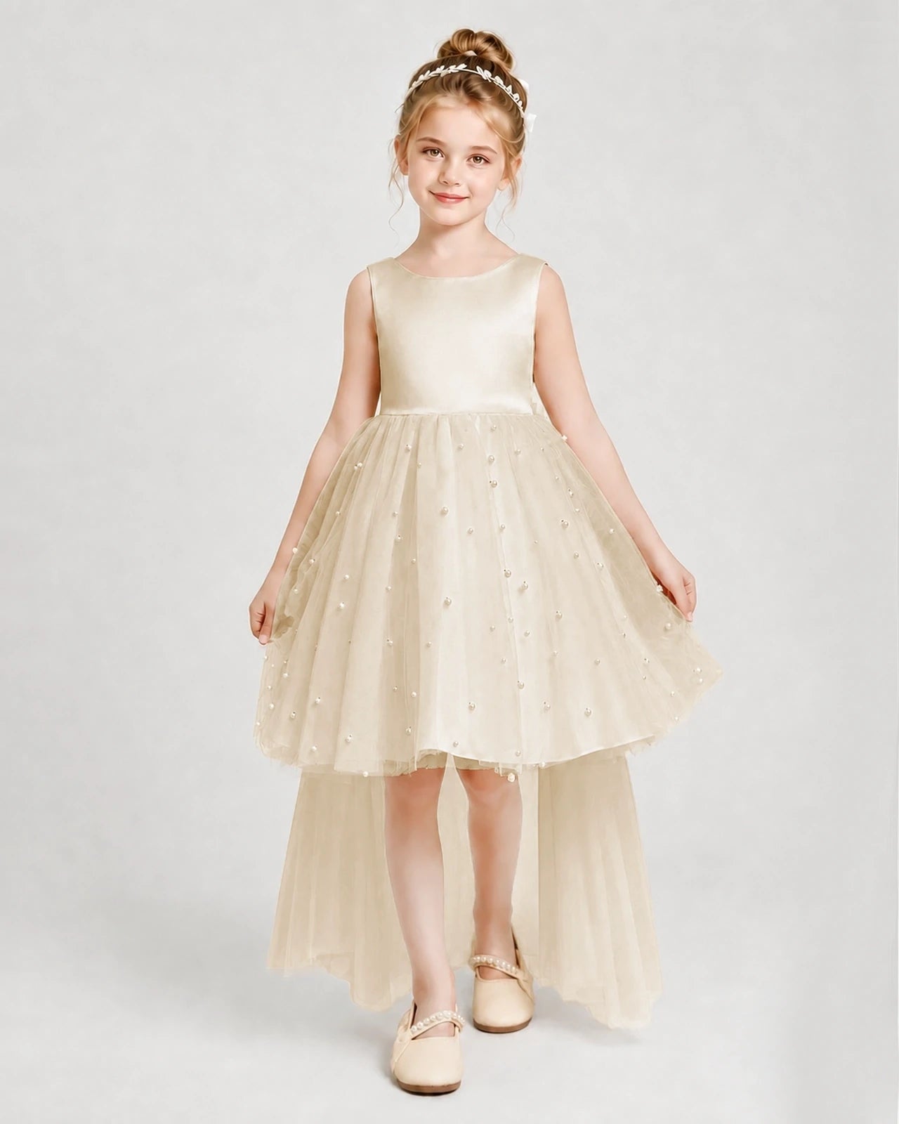 Champagne Satin Tulle A-line Pageant Dress Front View