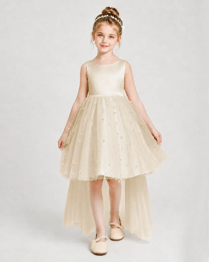 Champagne Satin Tulle A-line Pageant Dress Front View