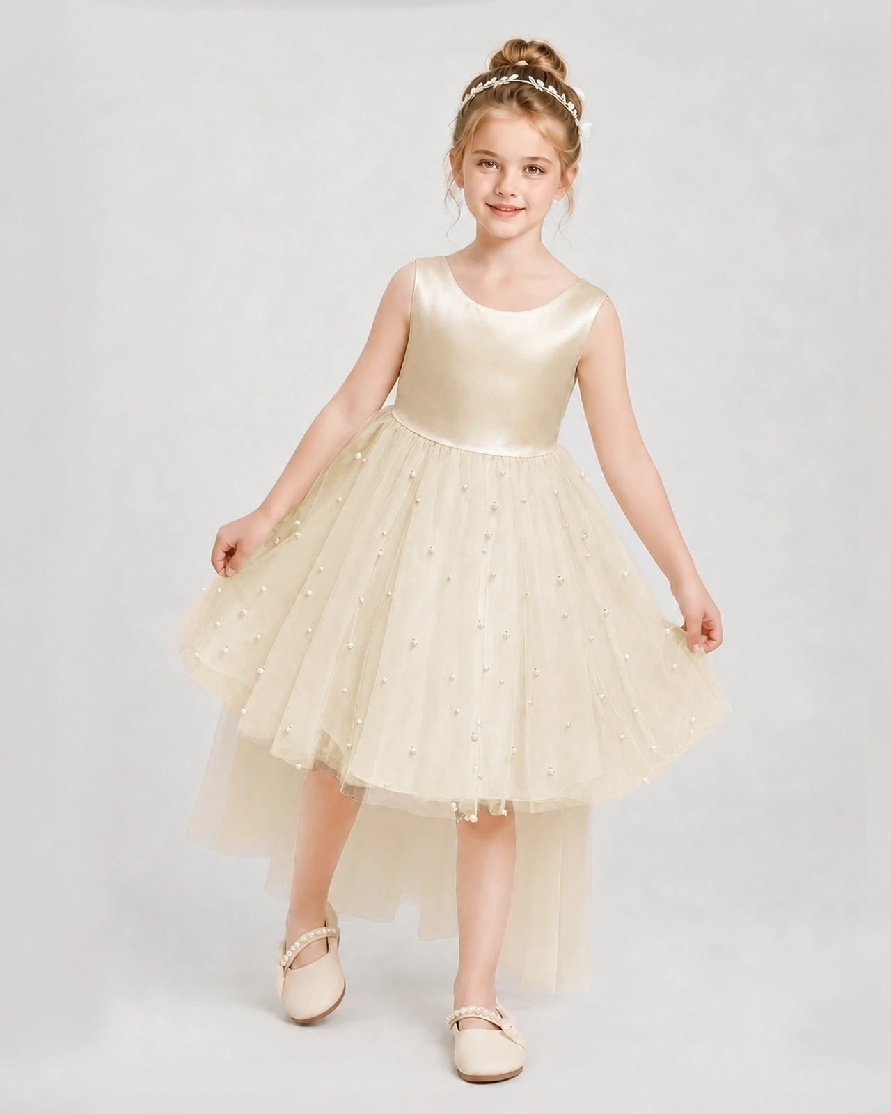 Champagne Satin Tulle A-line Pageant Dress Detail View