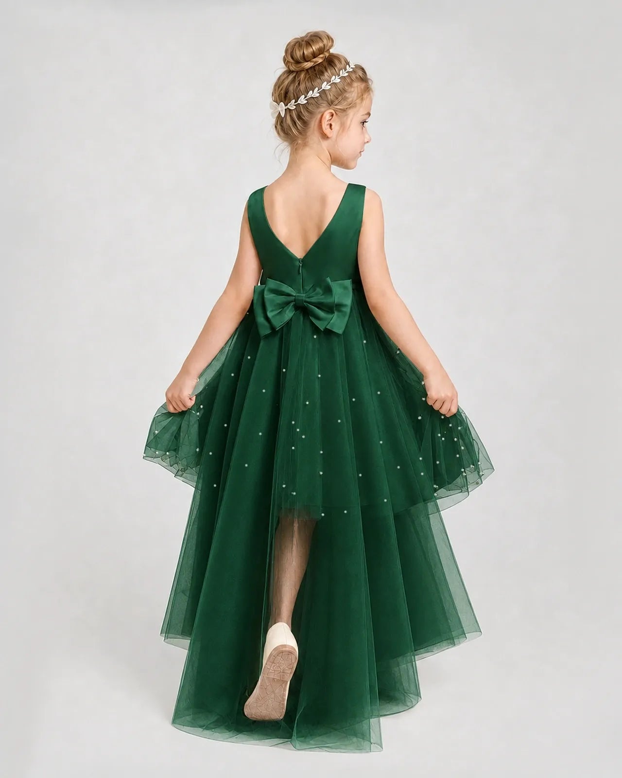 Dark Green Satin Tulle A-line Pageant Dress Back View