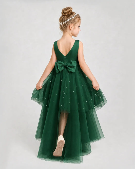 Dark Green Satin Tulle A-line Pageant Dress Back View