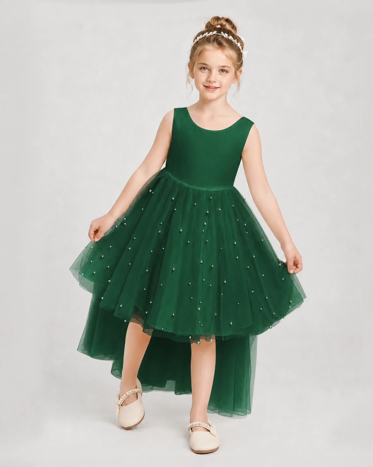 Dark Green Satin Tulle A-line Pageant Dress Detail View