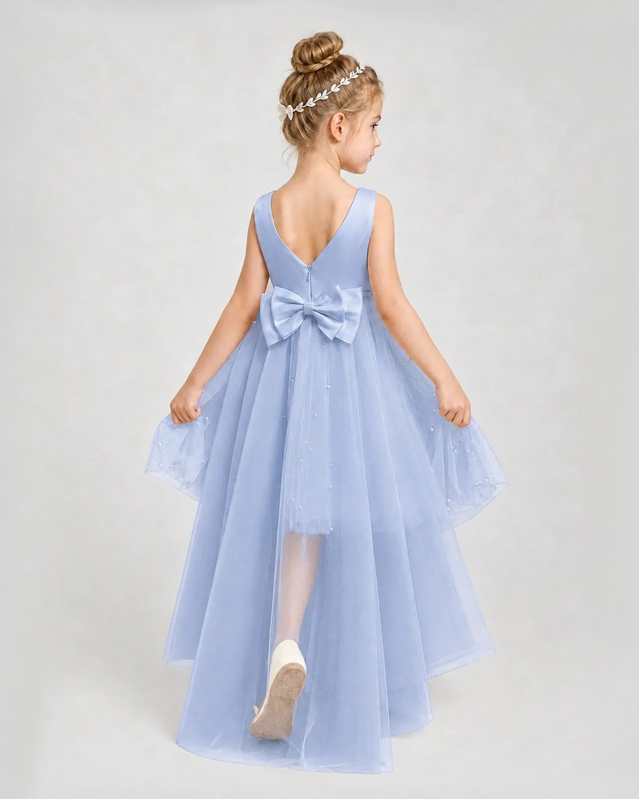 Dusty Blue Satin Tulle A-line Pageant Dress Back View