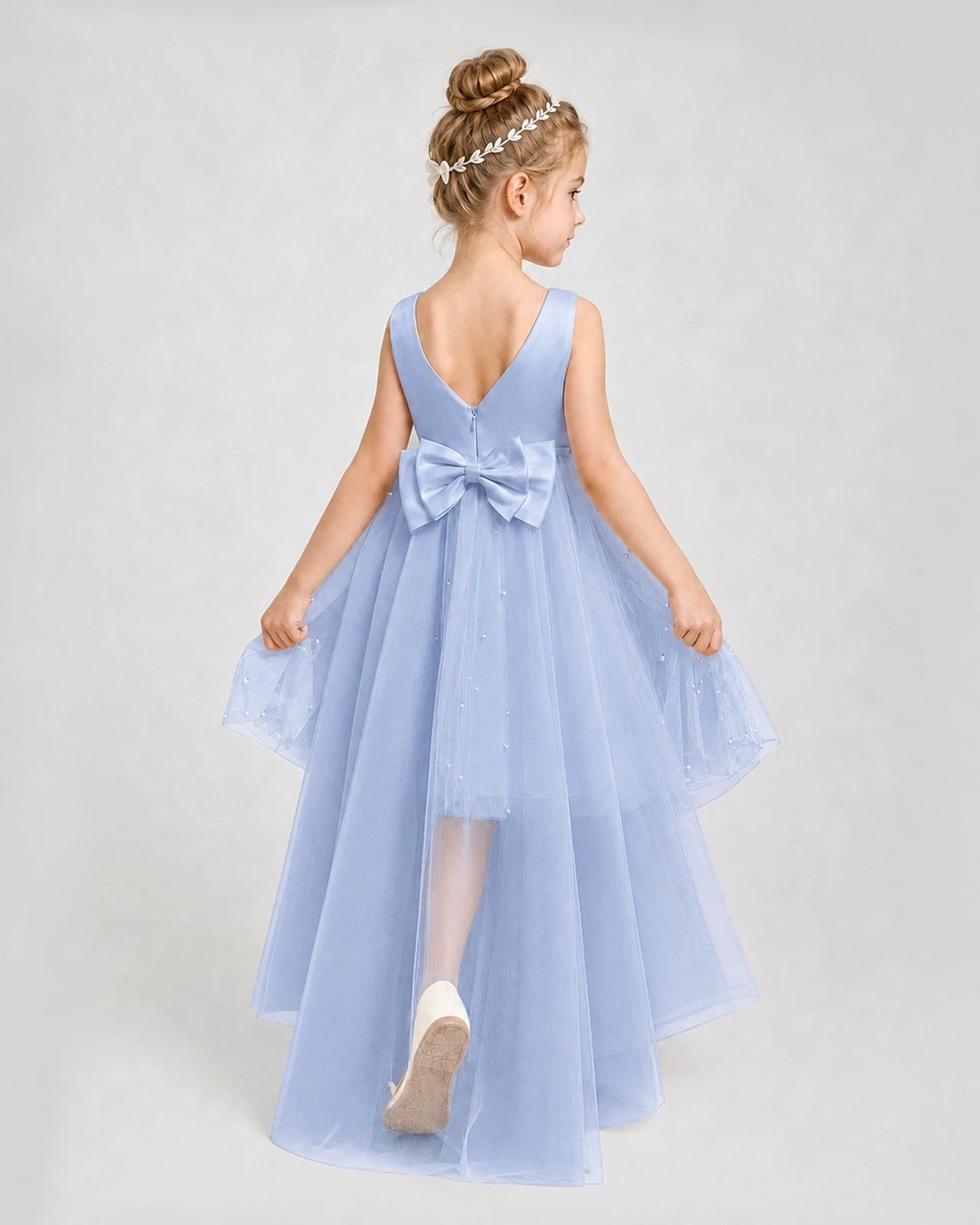 Dusty Blue Satin Tulle A-line Pageant Dress Back View