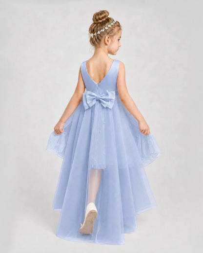 Dusty Blue Satin Tulle A-line Pageant Dress Back View
